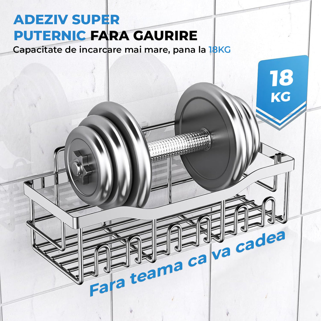 Set 5 Rafturi de Dus Elindor® Polita cu Adeziv, Etajera de Baie, Raft cu Carlige, din Otel Inoxidabil, Suport Prosop si Sapun, Organizator Baie sau Etajere Depozitare in Bucatarie, Accesorii Sanitare, Argintiu