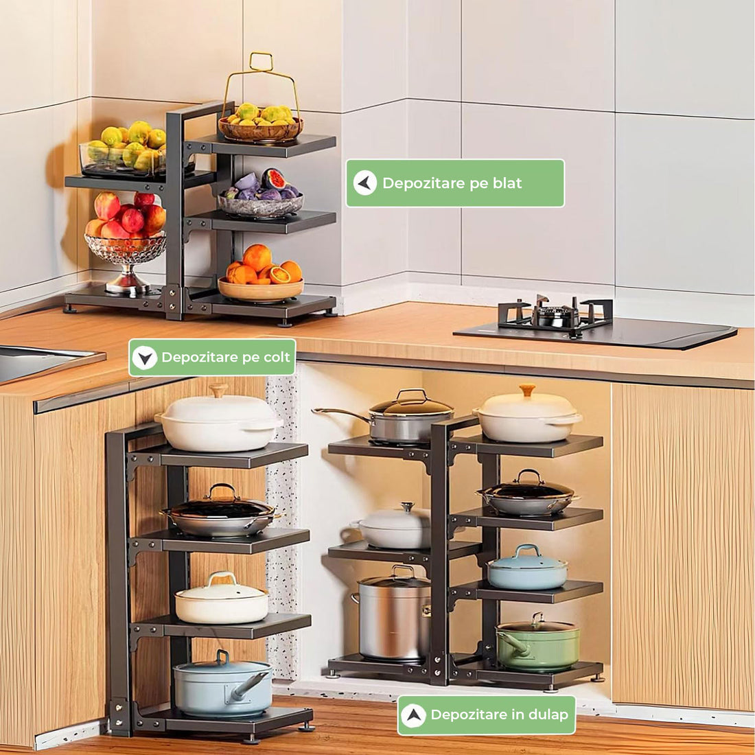 Organizator Vase Elindor®, Suport Oale Chiuveta, Ideal pentru Farfurii, Oale, Tigai, cu 7 Compartimente si 6 Nivele, pentru Bucatarie Multifunctional, pentru Blat sau in Dulap, 51 x 22.6 x 53 cm, Negru