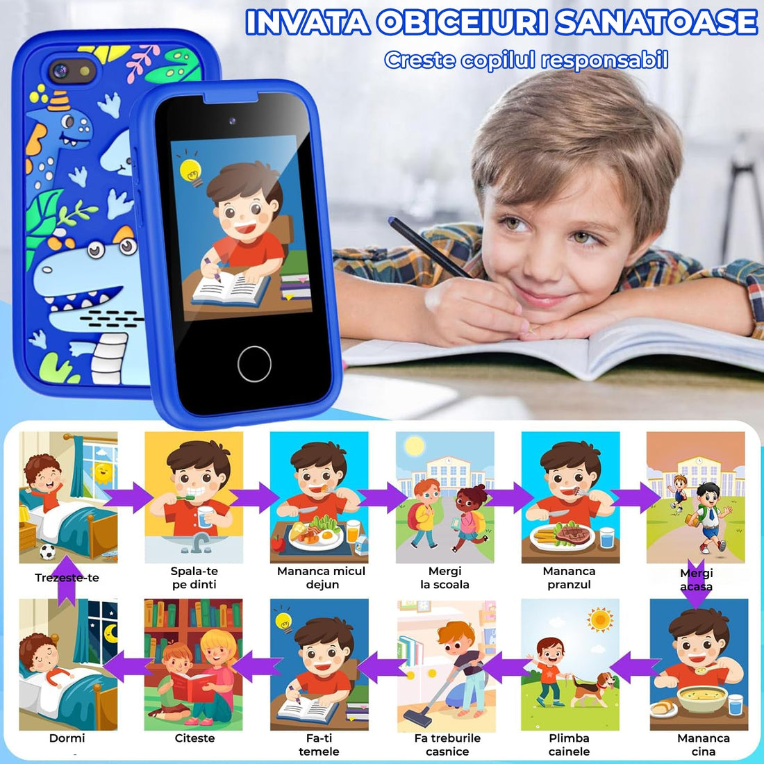 Telefon de jucărie Elindor®, pentru copii, cu funcții educative, albastru