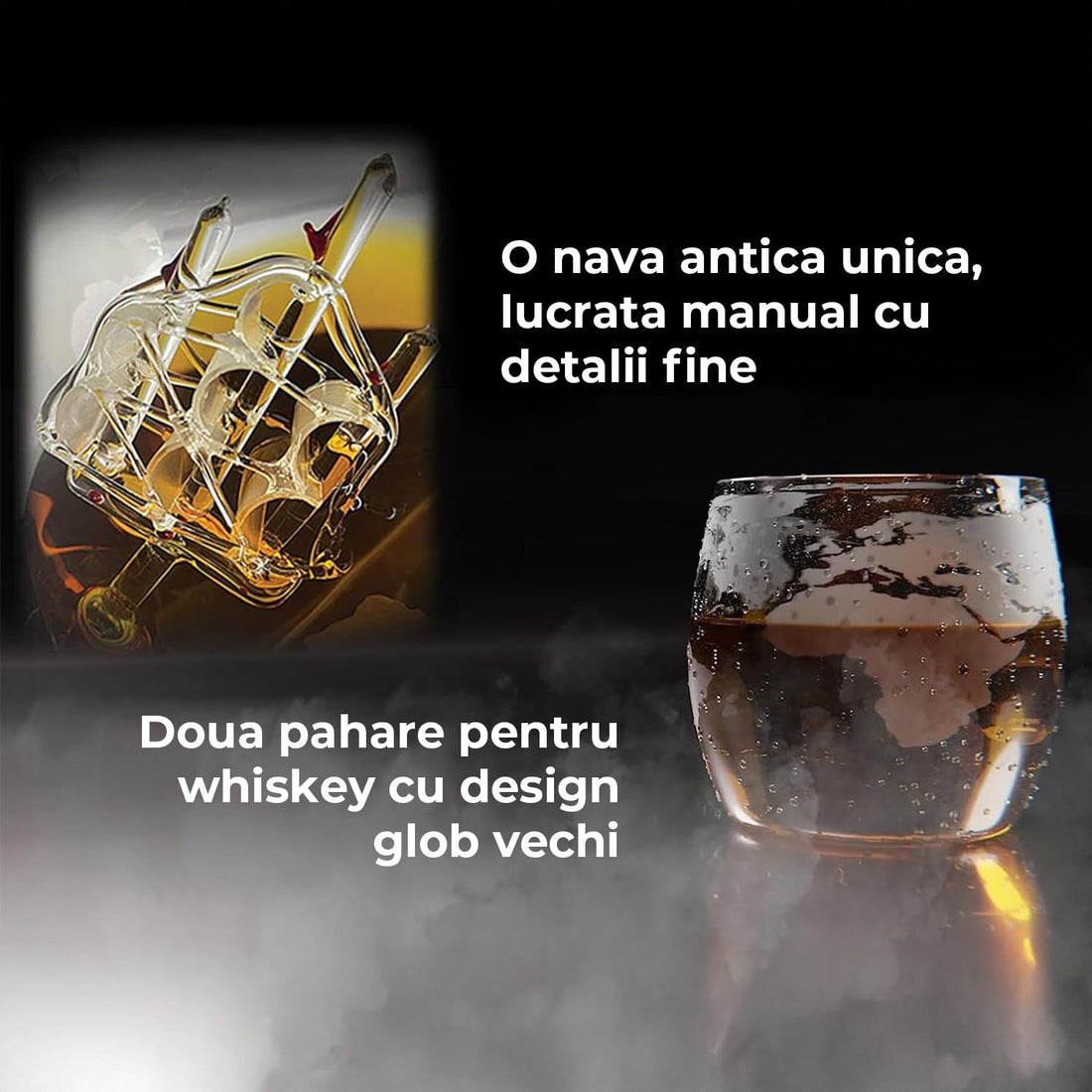 Set Decantor Whisky Glob Elindor®, 2 Pahare, Suport Lemn, 850ml