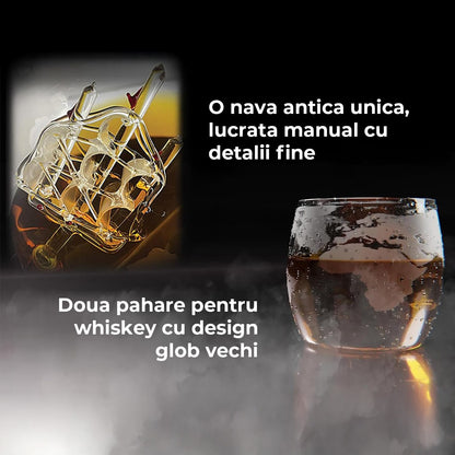 Set Decantor Whisky Glob Elindor®, 2 Pahare, Suport Lemn, 850ml