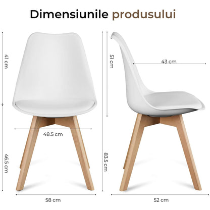 Set 4 Scaune Elindor® Stil Retro, Piele Ecologică și Picioare din Lemn, Albe