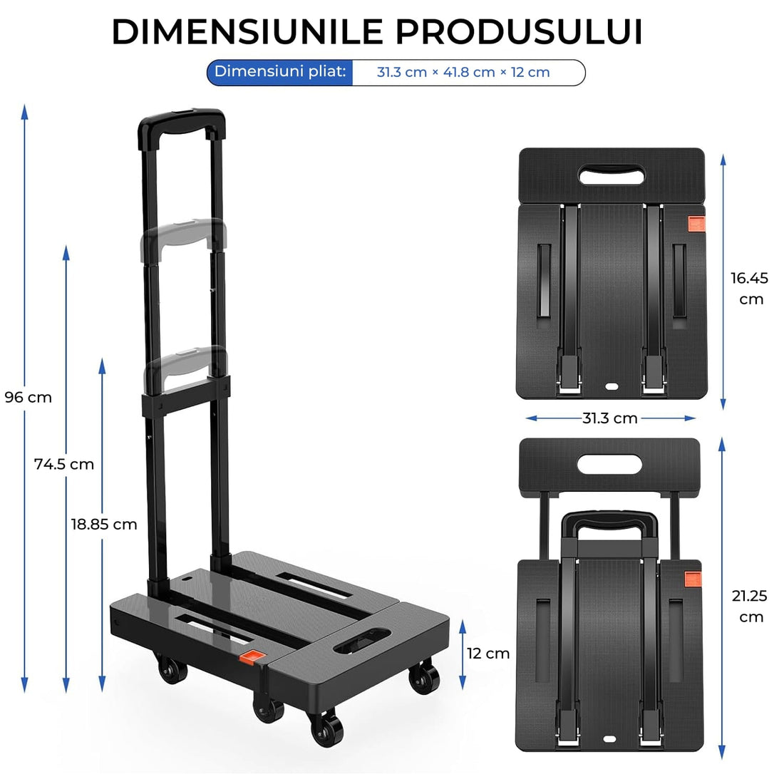Căruț Pliabil Elindor® 227 KG, cu 6 Roți, 2 Corzi Elastice, Negru