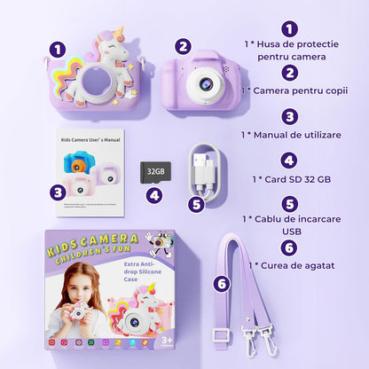 Cameră Foto Digitală pentru Copii Elindor® - Unicorn, 48MP, 1080P HD, Cadou Perfect pentru 3-12 Ani
