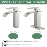 Baterie Cascadă Elindor® pentru Chiuveta Baie, Finisaj Nichel Satinat, Mâner Unic, Placă pentru 1 sau 3 Găuri