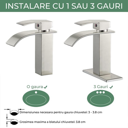 Baterie Cascadă Elindor® pentru Chiuveta Baie, Finisaj Nichel Satinat, Mâner Unic, Placă pentru 1 sau 3 Găuri