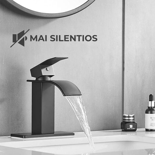 Baterie de baie Elindor finisaj negru mat, moderna, tip cascada, un maner, pentru chiuvete cu 1 sau 3 orificii, inclus placa de baza si furtun