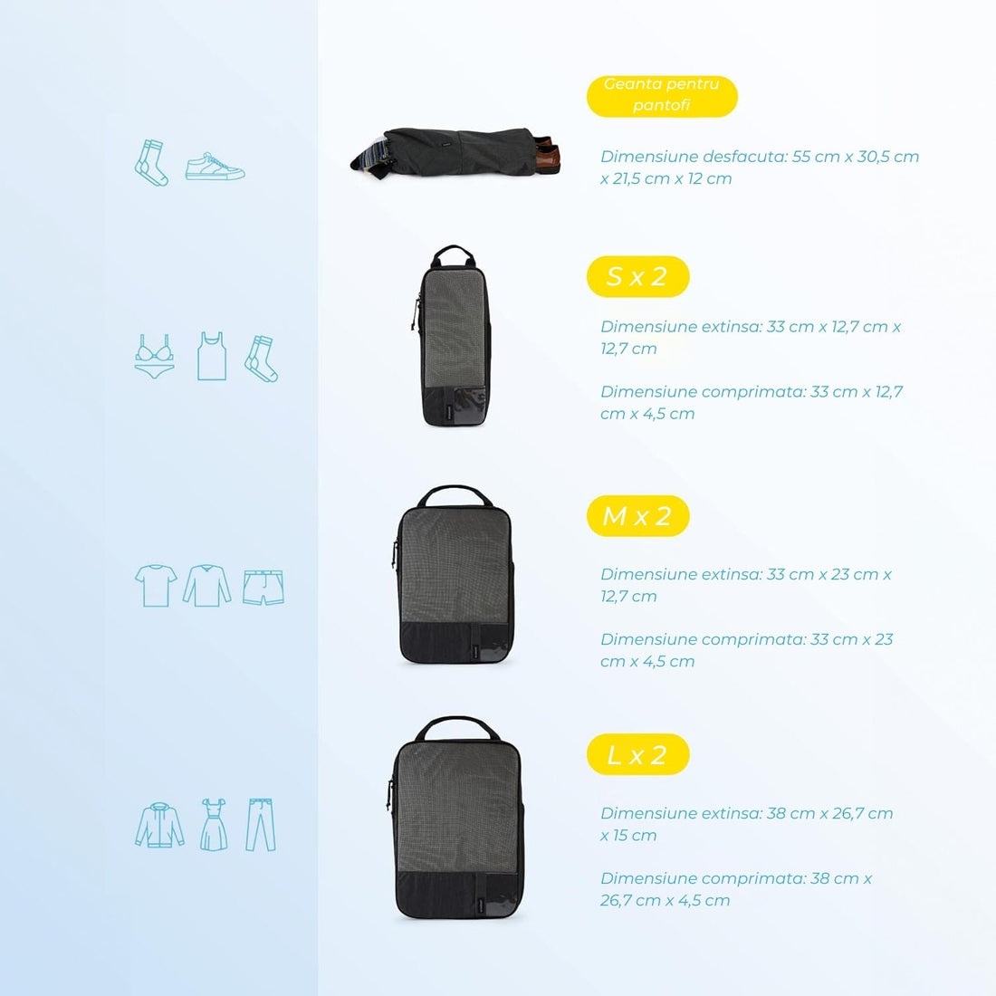 Set 6 Cuburi de Compresie Elindor® pentru Organizarea Bagajului – Negru, Accesorii Ușoare și Durabile pentru Călătorii