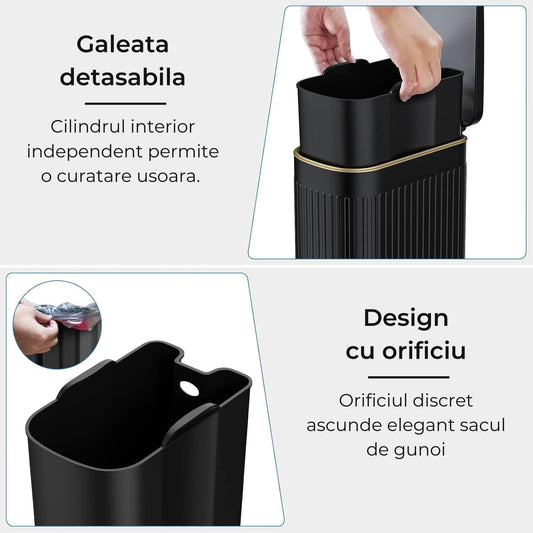 Cos de Gunoi, din Otel Inoxidabil, 10L, Pedala Durabila, Capac cu Inchidere/Deschidere Silentioasa, Design Compact si Elegant, Cos Interior Detasabil, Ideal pentru Baie, Dormitor, Birou, Negru