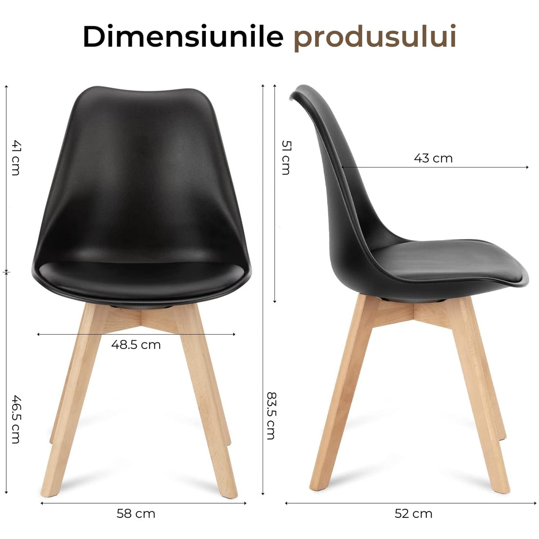 Set 4 Scaune Elindor® Stil Retro, Piele Ecologică și Picioare din Lemn, Negre