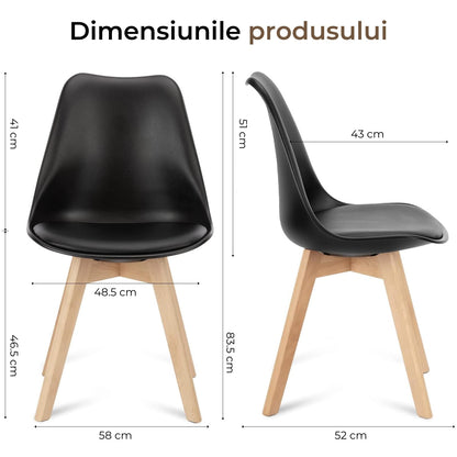 Set 4 Scaune Elindor® Stil Retro, Piele Ecologică și Picioare din Lemn, Negre