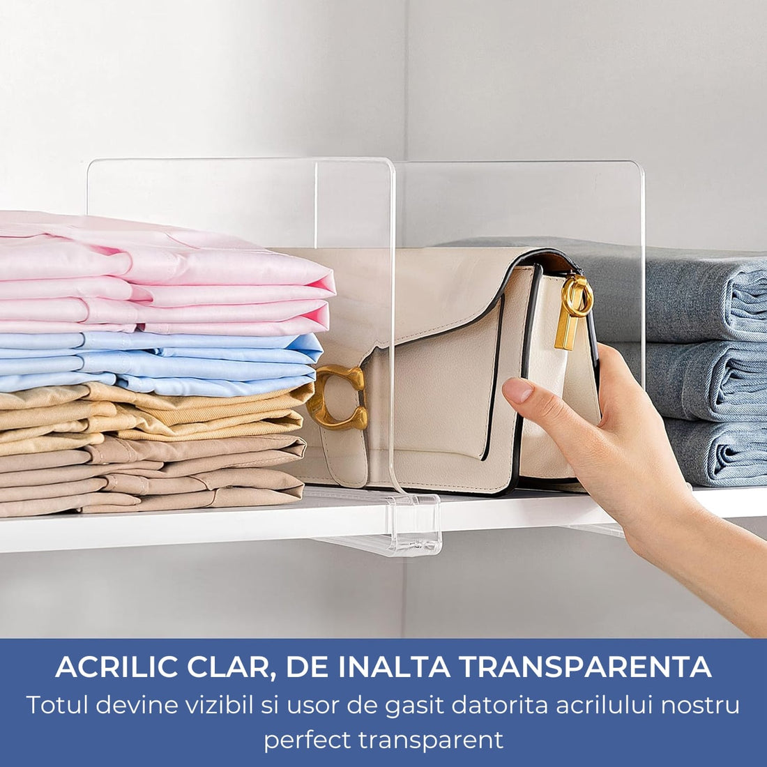 Set 4 separatoare acrilice Elindor®, de 30 cm pentru rafturi, organizator pentru haine, genti si prosoape, montaj rapid fara scule, pentru rafturi de pana la 2.4 cm grosime, Organizatoare baie, lazi, acte, camara, Transparent, Plastic