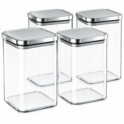 Set 4 Recipiente Elindor®, 1200 ml, Organizare si Depozitare Alimente Uscate, Inchidere Ermetica cu Capac din Inox, Ideale pentru Cafea, Cereale, Faina, Zahar, Transparent