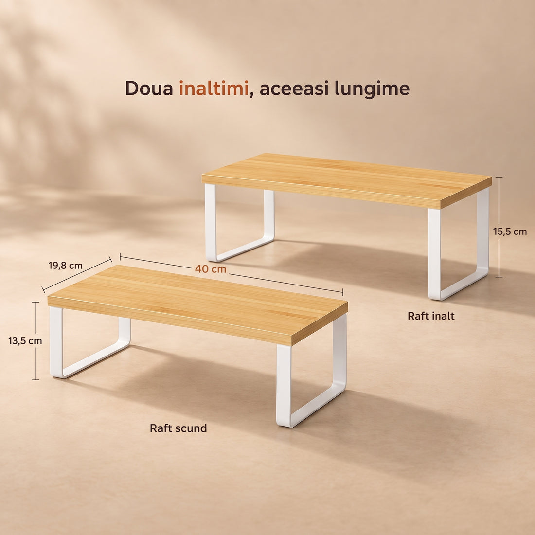 Set 2 Rafturi Elindor®, Raft de Depozitare, Mobila Bucatarie, Dormitor, Baie sau Birou, Etajera Practica cu Design Aerisit, Usor de Asamblat, Perfecta pentru Organizare Carti, Vesela, Condimente, Polita Produse Diverse, 40 x 18.5 x 13.5 cm, Alb / Bej