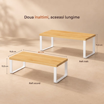 Set 2 Rafturi Elindor®, Raft de Depozitare, Mobila Bucatarie, Dormitor, Baie sau Birou, Etajera Practica cu Design Aerisit, Usor de Asamblat, Perfecta pentru Organizare Carti, Vesela, Condimente, Polita Produse Diverse, 40 x 18.5 x 13.5 cm, Alb / Bej