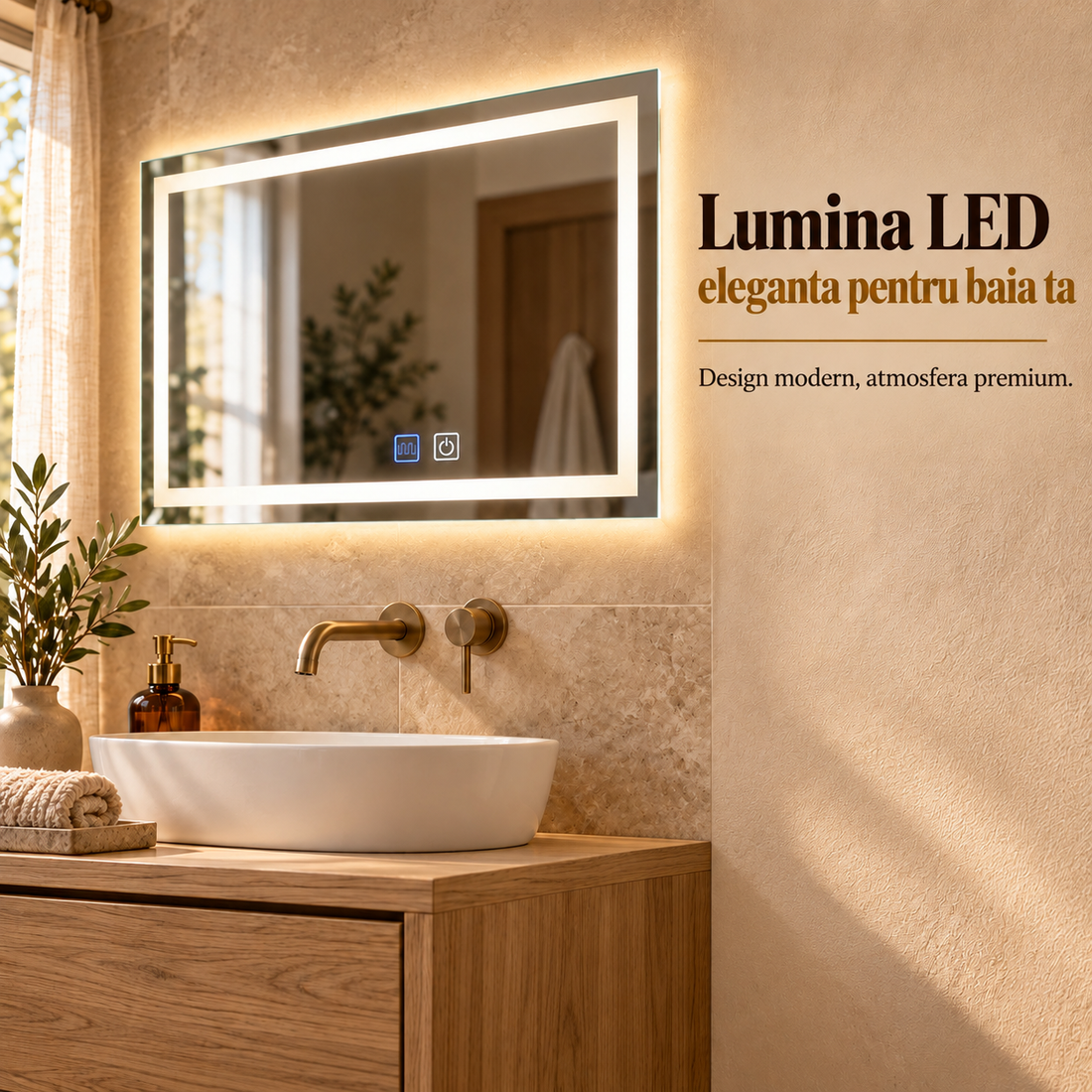 Oglinda de Perete Elindor® Dreptunghiulara, Antiaburire, Montare pe Orizontala, fara Rama, Ideala pentru Baie, Iluminare Led, Buton ON/OFF Luminat si Noaptea, Rezistenta la Umiditate IP44, 60 x 40 cm