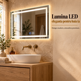 Oglinda de Perete Elindor® Dreptunghiulara, Antiaburire, Montare pe Orizontala, fara Rama, Ideala pentru Baie, Iluminare Led, Buton ON/OFF Luminat si Noaptea, Rezistenta la Umiditate IP44, 60 x 40 cm