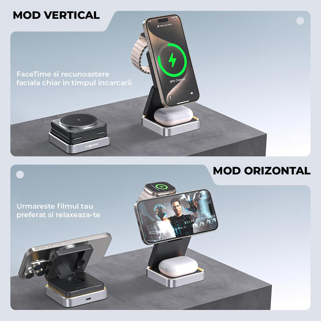 Incarcator Wireless 3 in 1 MagSafe Elindor®, Pliabil, Fast Charging 15W, Suport Magnetic pentru iPhone si Apple Watch