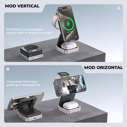 Incarcator Wireless 3 in 1 MagSafe Elindor®, Pliabil, Fast Charging 15W, Suport Magnetic pentru iPhone si Apple Watch