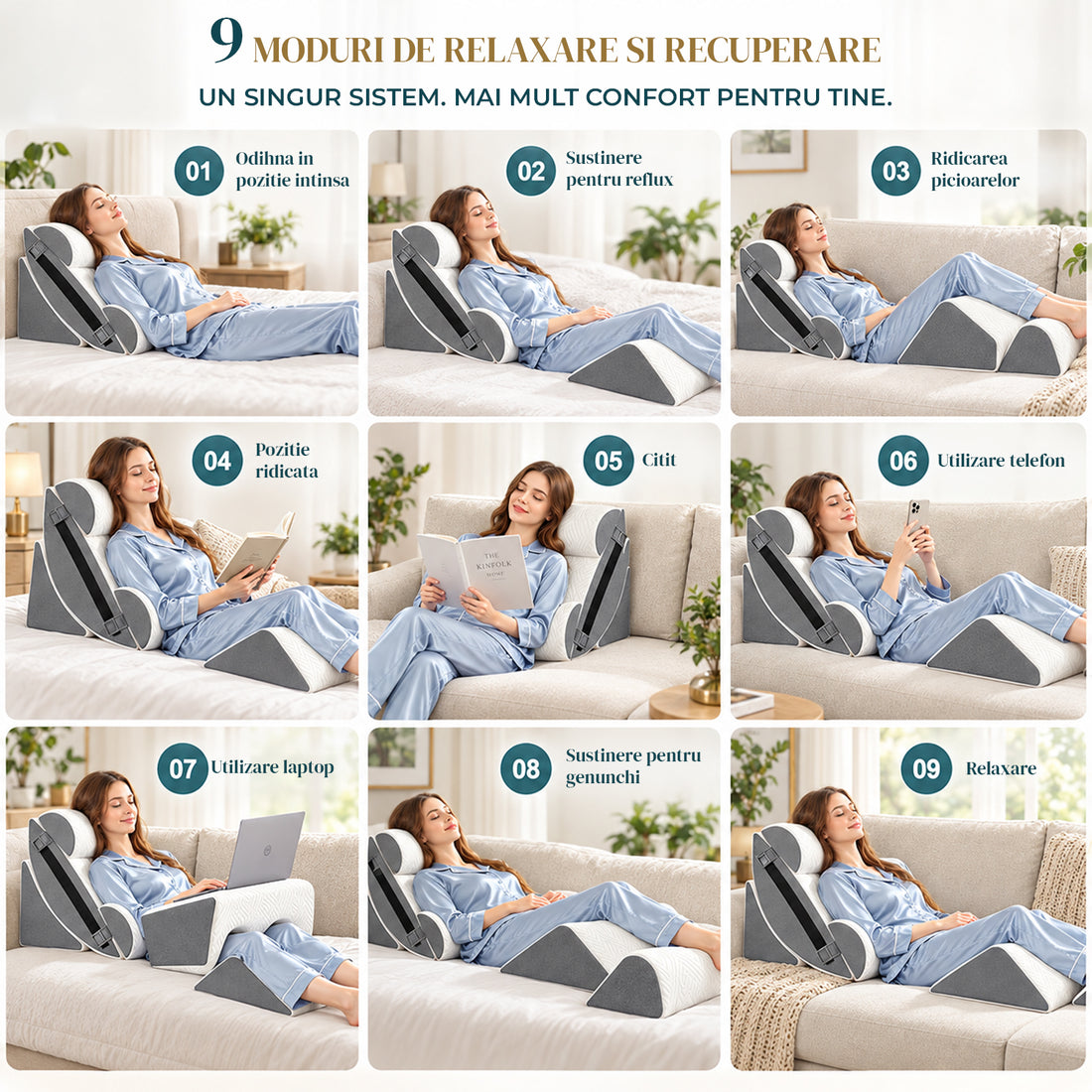 Set 6 Perne Ortopedice Elindor® Wedge pentru Pat, Perna Spuma cu Memorie, Hipoalergenica, Suport Spate, Picioare, Genunchi, Post-Operator, Anti-Reflux, Antisforait, Antirid, Pliabile, Huse Bumbac Aspect Catifea, Reglabile 60 cm, Alb/Gri