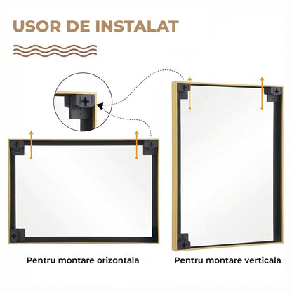 Oglinda Decorativa Elindor® Agatare pe Perete sau Sprijinita, Aurie, Dreptunghiulara, Moderna si Eleganta, Reflexie HD, Sticla fara Distorsiuni, Ideala pentru Dormitor, Living, Birou, Dressing, Hol, Baie, Rama Metalica, 90 x 60 cm