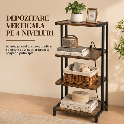 Raft Elindor® pe 4 Niveluri, Rafturi pentru Depozitare, Organizare Birou, Bar, Dulap Cadru Metalic, Organizator Ideal ca Etajera in Camara, Perfect pentru Carti, Proiector, Stabil si Compact, Polita pentru Obiecte, 44.3 x 32.5 x 15.5 cm, Maro Rustic