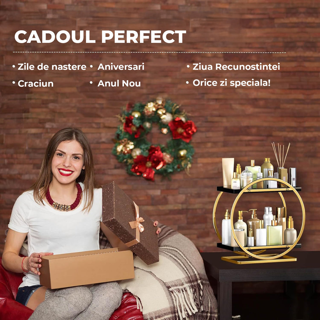 Organizator Cosmetice 2 Niveluri Elindor®, Suport Parfum si Skincare, Raft de Dus Baie, Etajera Depozitare, Accesorii Universale, 28 × 15 × 29 cm, Negru / Auriu