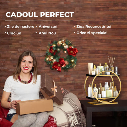 Organizator Cosmetice 2 Niveluri Elindor®, Suport Parfum si Skincare, Raft de Dus Baie, Etajera Depozitare, Accesorii Universale, 28 × 15 × 29 cm, Negru / Auriu