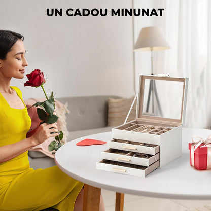 Cutie de Bijuterii Elindor® cu Capac, Organizator 4 Niveluri, 3x Sertar, Spatiu de Depozitare Inel, Verighete, Lantisoare, Bratari, Cercei, Caseta din Material Catifelat, Design Rafinat, Simplu si Elegant, Piele Ecologica, Bej