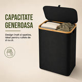 Cos de Rufe Elindor® Pliabil si Impermeabil, Lavabil, Cadru din Bambus, cu Capac si Sac de Haine Murdare Detasabil, Recipient Sortare Dreptunghiular de 100 L, Ideal pentru Baie Casa sau Hotel, 74 x 41 x 33 cm, Material Textil, Negru