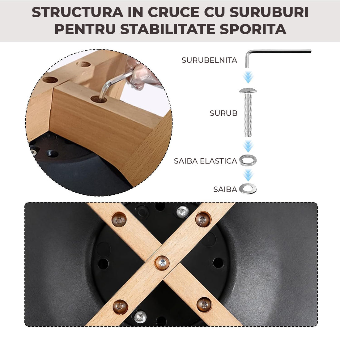 Set 4 Scaune Bucatarie Negre Elindor® din Piele Ecologica, Picioare din Lemn, Scaun Confortabil, Perna Sezut, Elegant, pentru Bucatarie, Dormitor, Living, 50 x 45 x 81 cm