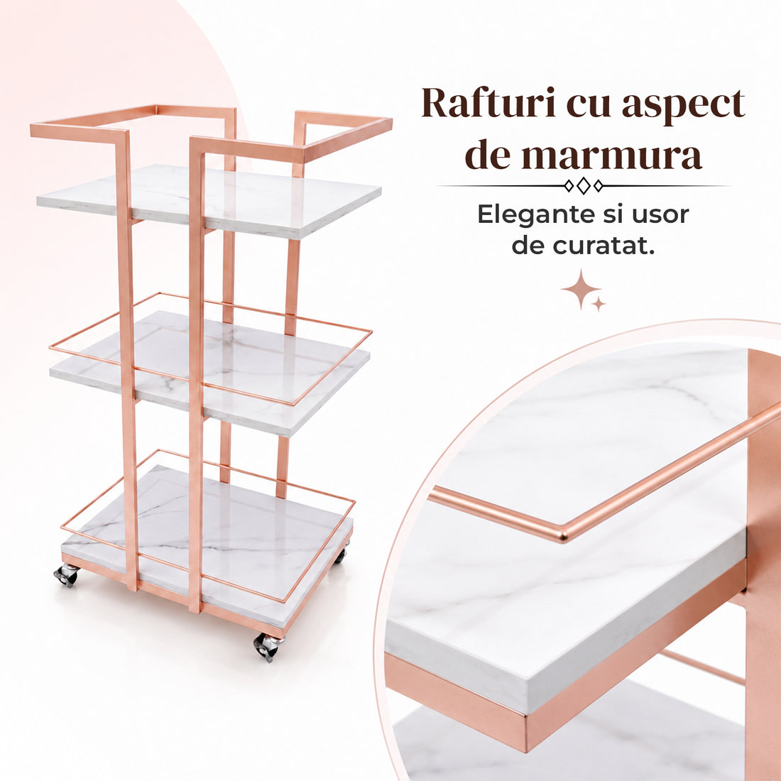 Carucior Organizator 3 Niveluri Elindor® , cu Roti 360°, Organizator Baie, Multifunctional, Raft Mobil Organizare Salon, Bucatarie, Camara, Birou, Bar, 76 x 33 x 43 cm, Rose Gold
