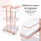 Carucior Organizator 3 Niveluri Elindor® , cu Roti 360°, Organizator Baie, Multifunctional, Raft Mobil Organizare Salon, Bucatarie, Camara, Birou, Bar, 76 x 33 x 43 cm, Rose Gold