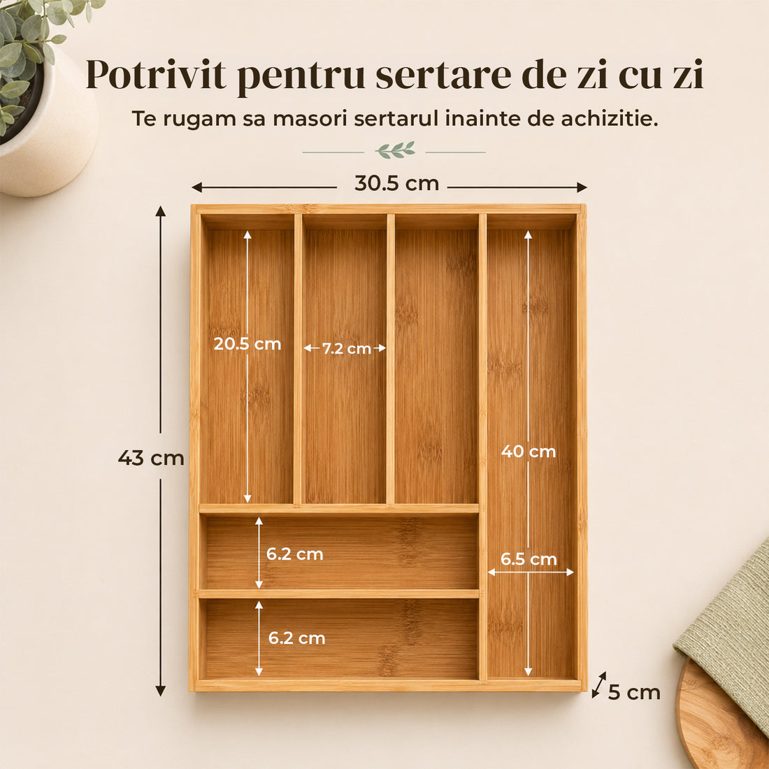 Organizator Fix Elindor® din Bambus, pentru Depozitare Tacamuri si Ustensile de Bucatarie, Furculite, Linguri, Cutite, Suport 6 Compartimente, Separator Sertare Spatios, Accesorii Organizare, Sertar 43 x 30.5 x 5 cm, Bej