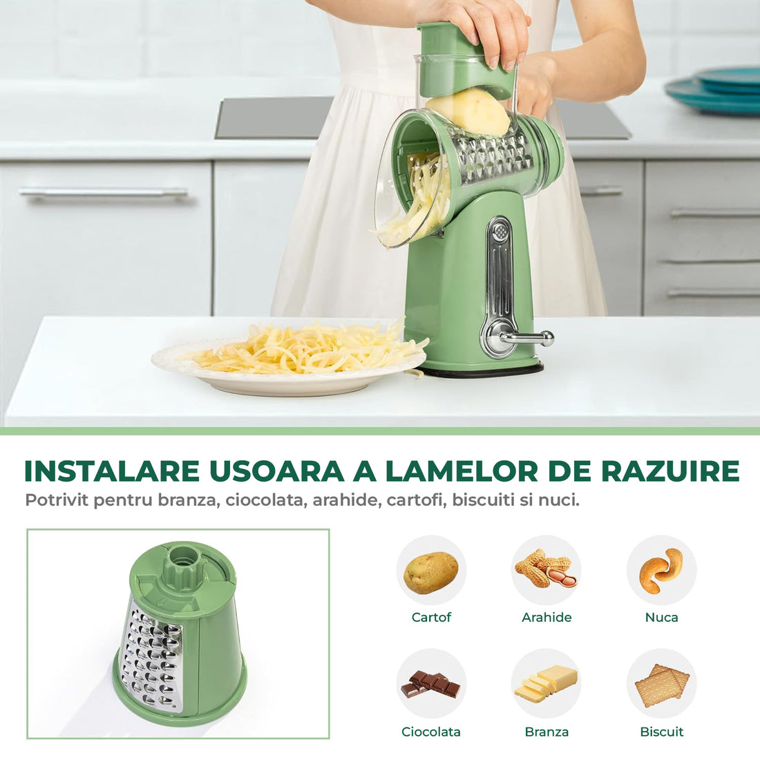 Razatoare Rotativa 5 in 1 Elindor® cu Maner, Lame din Otel Inoxidabil, Tocator Legume, Razatoare Branza, Nuci, Morcovi, Varza, Ustensila de Bucatarie, Design Compact, Multifunctional, Verde