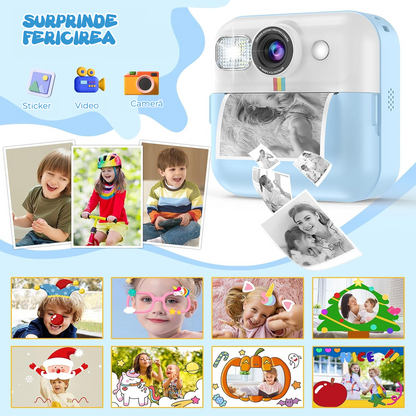 Camera Foto Instant Pentru Copii Elindor®, Ecran 2.4 Inch, 1080P, 16X Zoom, Printare Fara Cerneala, 3 Role Hartie Incluse, 32GB SD, Albastru