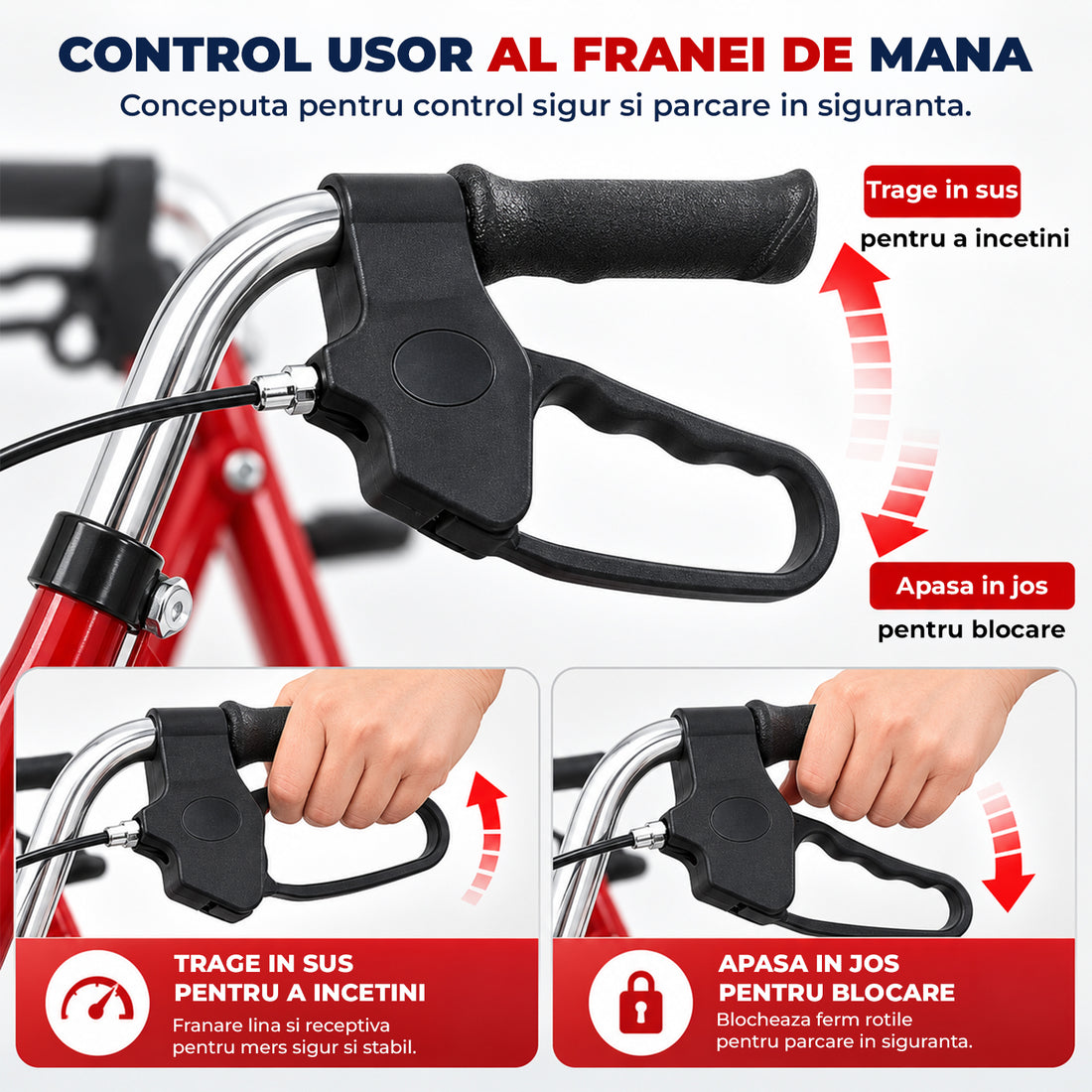 Cadru de Mers Elindor®, Pliabil, cu 4 Roti, Sezut Captusit, Spatar, Frane de Mana cu Blocare, Manere Reglabile pe 4 Niveluri, Cos Depozitare, pentru Persoanele cu Dificultati Locomotorii sau in Etate, Sarcina 120 kg, Rosu