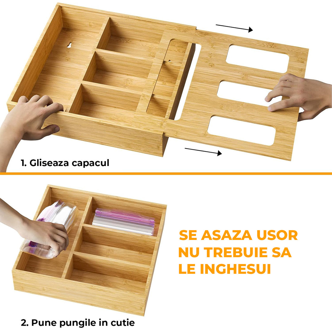 Organizator Depozitare Pungi Alimentare Elindor® 4 Compartimente, Organizatoare pentru Sertar, Dulap, Cutie Organizare, Cos Multifunctional, Separator Potrivit pentru Bucatarie, Camara, 31.7 x 30.5 x 7.6 cm, Bej