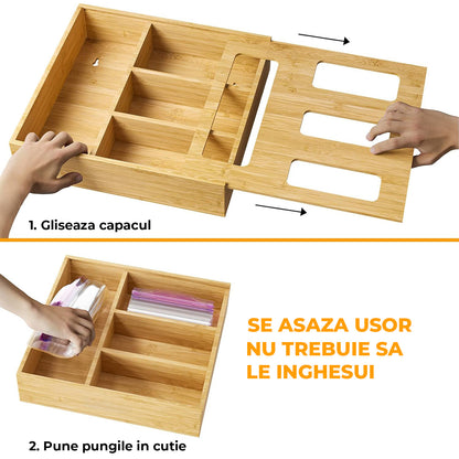 Organizator Depozitare Pungi Alimentare Elindor® 4 Compartimente, Organizatoare pentru Sertar, Dulap, Cutie Organizare, Cos Multifunctional, Separator Potrivit pentru Bucatarie, Camara, 31.7 x 30.5 x 7.6 cm, Bej
