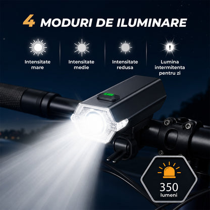 Set Lumini pentru Bicicleta Elindor®, Far Fata si Stop Spate LED, 10 Moduri de Iluminare, Incarcare USB-C, Impermeabil IP65, Rotire 360°, Faruri cu Acumulator Reincarcabil, Accesorii Bicicleta, 350 Lumeni, Negru