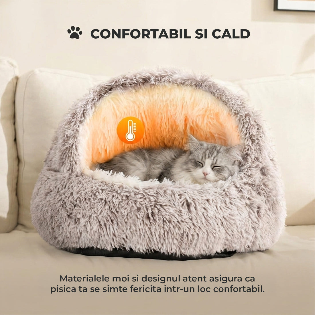 Pat Confortabil pentru Caini si Pisici Elindor® Rotund, Culcus Moale Antiderapant, Potrivit pentru Caine si Pisica de Talie Mica si Medie, Ideal in Orice Anotimp, in Casa, 60 × 60 × 16 cm, Alb / Bej