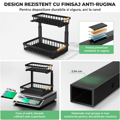 Set 2 Organizatoare Multifunctionale Elindor® pe 2 Nivele, 2x Sertar Glisant, Montat pe Blat sau in Dulap sub Chiuveta, Suport Metalic Organizare, Organizator pentru Bucatarie, Baie, Camara, Raft cu Sertare Depozitare Legume, Parfumuri, 41