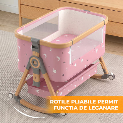 Patut Pliabil Bebelusi Elindo® 3 in 1, Copii 0-6 luni, Leagan Bebe pe 6 Nivele de Inaltime, Cos Depozitare, Portabil, Plasa Laterala, Roti cu Sistem Blocare, Saltea Integrata, Greutate Maxima 9-12 kg, Model cu Stele, Roz