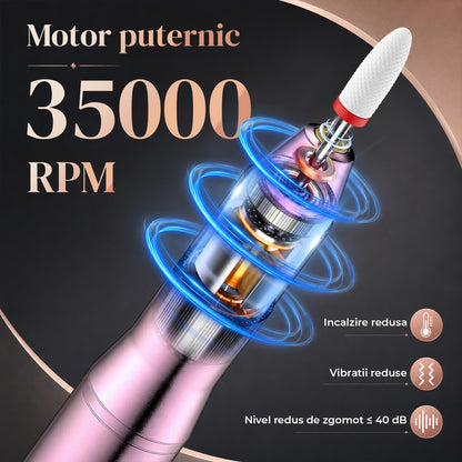Freza Portabila Unghii Elindor® 35000 RPM, Pila Electrica Profesionala, Manichiura si Pedichiura, fara Fir, Afisaj LED, Ecran LCD, Accesorii Incluse, 5 Trepte de Viteza, 12 Capete de Frezare, Slefuire Cuticule, Acumulator 550 mAh, Roz