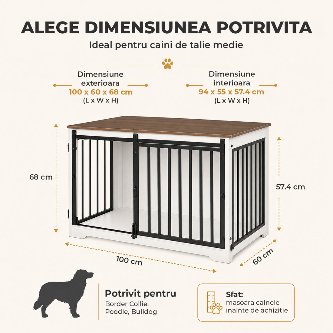 Cusca pentru Animale Elindor® Tip Mobila, Potrivita pentru Caini de Talie Medie, Utilizare in Interior, cu 2 Usi, o Usa Glisanta, Baza Solida, Marime L, 100 x 60 x 68 cm, Alb / Maro