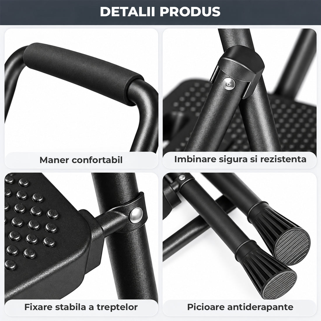 Scara Pliabila Metalica Elindor® cu 2 Trepte, Portabila, cu Pedale Late Antiderapante, Maner de Sprijin, Sistem de Blocare, Picioare Antialunecare, pentru Interior, Uz Casnic, Capacitate 150 kg, 46 x 45 x 80 cm, Negru