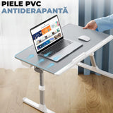 Masa Pliabila pentru Laptop Elindor®, Multifunctionala, Ajustabila din Piele PVC, Birou Portabil cu Sertar de Depozitare si Suport pentru Carte, Inaltime intre 27-38 cm, Gri