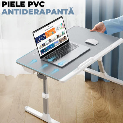 Masa Pliabila pentru Laptop Elindor®, Multifunctionala, Ajustabila din Piele PVC, Birou Portabil cu Sertar de Depozitare si Suport pentru Carte, Inaltime intre 27-38 cm, Gri