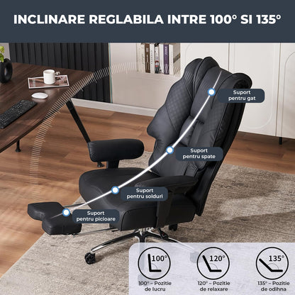 Scaun de Birou Elindor® Ergonomic, Design Contemporan, Scaun cu Spatar si Manere, din Piele PU cu Suport pentru Picioare si Roti, Latime Sezut 58 cm, Inaltime intre 48-56 cm, Negru