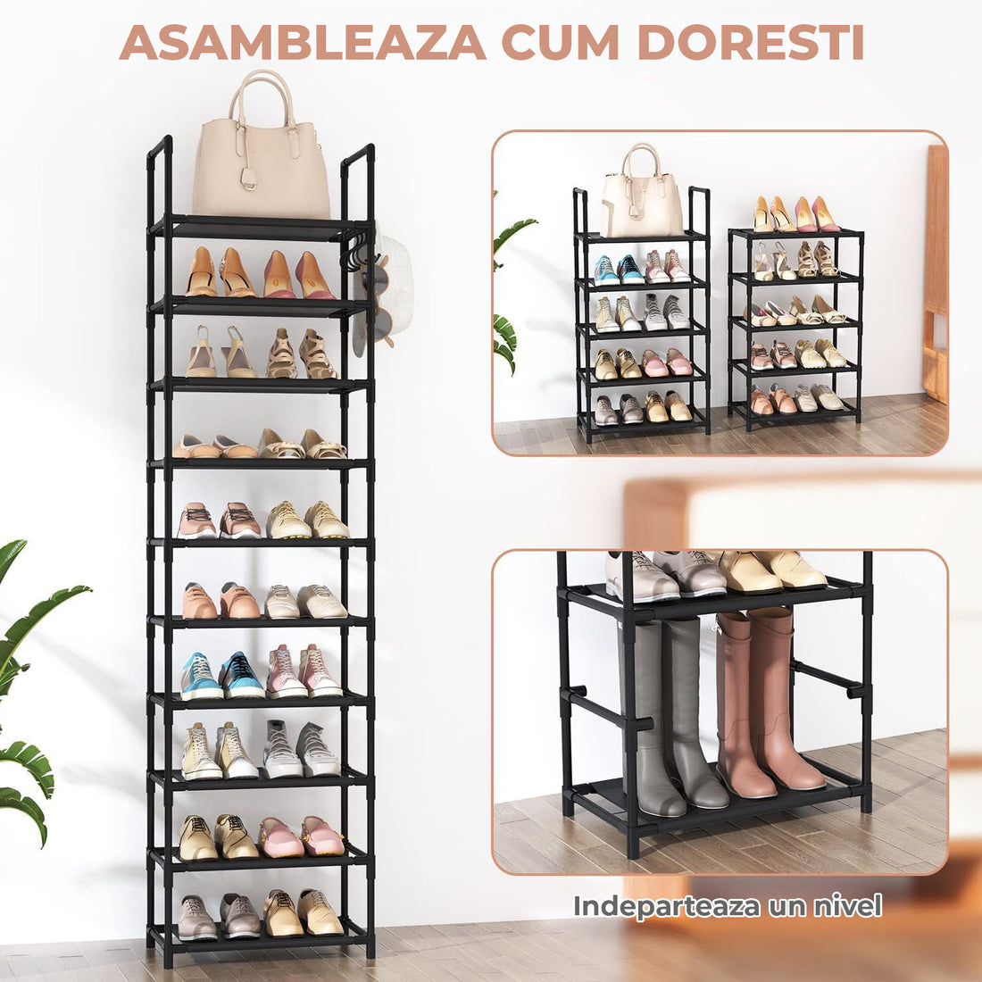Organizator pentru Pantofi Elindor® Pantofar cu 10 Nivele Mari si 5 Carlige Metalice, Fara Gauri, Suport Metalic pentru Papuci, Dulap Hol, Dormitor, Economisire Spatiu, Depozitare Incaltaminte, 25.5 × 43 × 173 cm, Negru